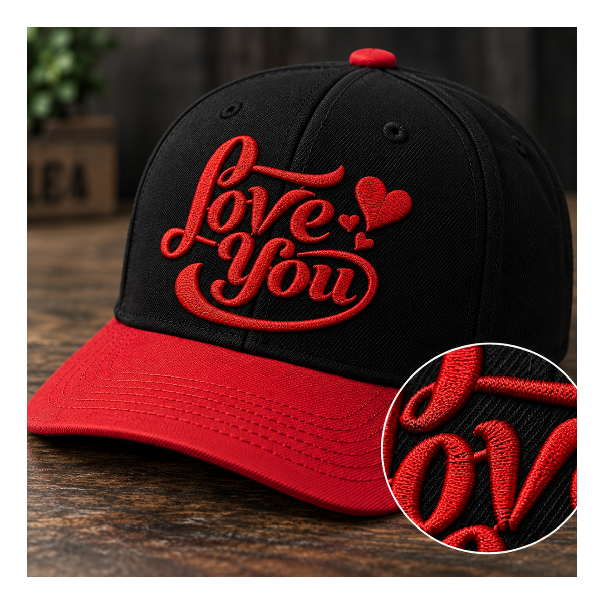 Black and red embroidered hat with Love You lettering