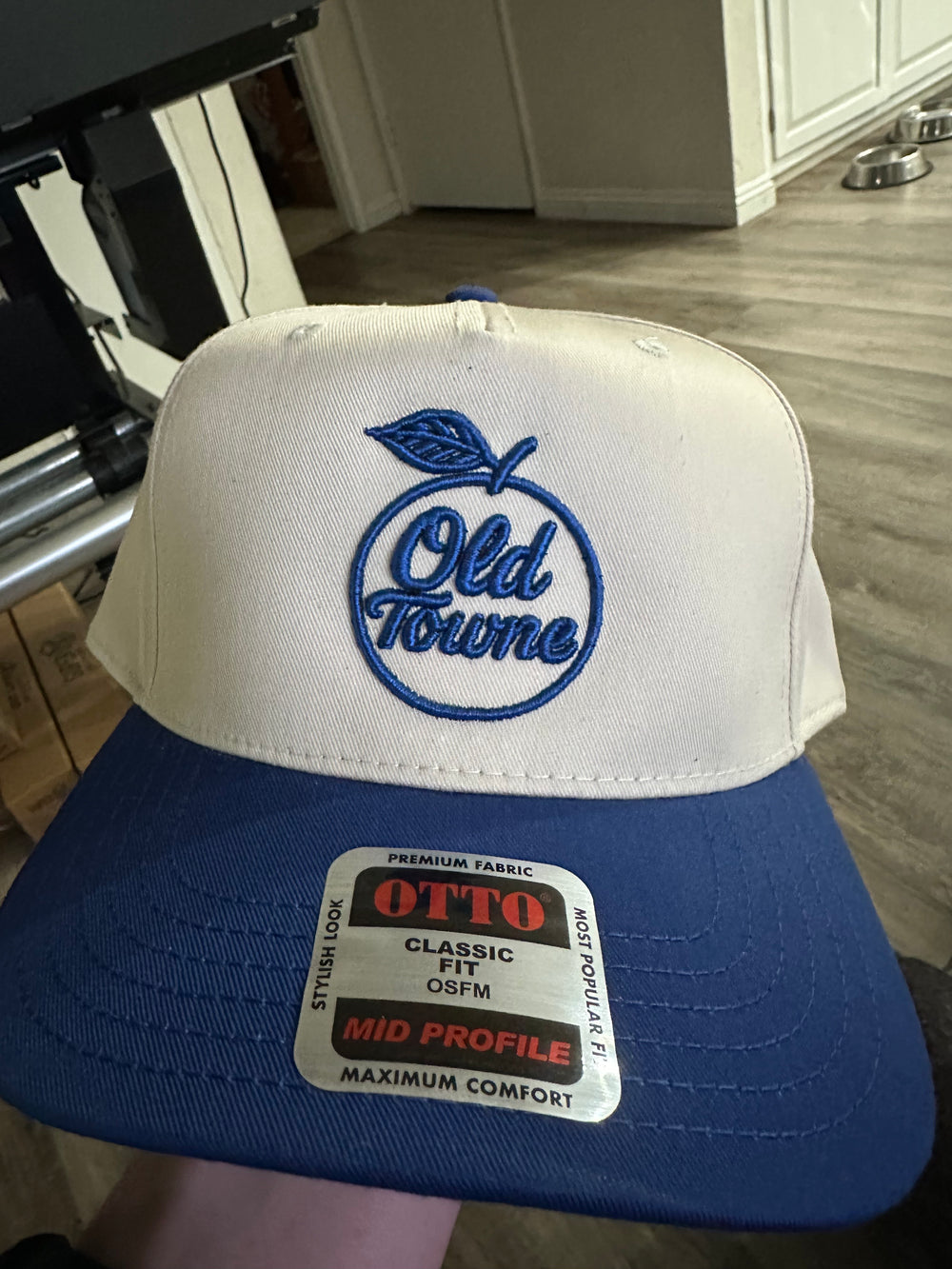 Blue and white Old Towne embroidered hat