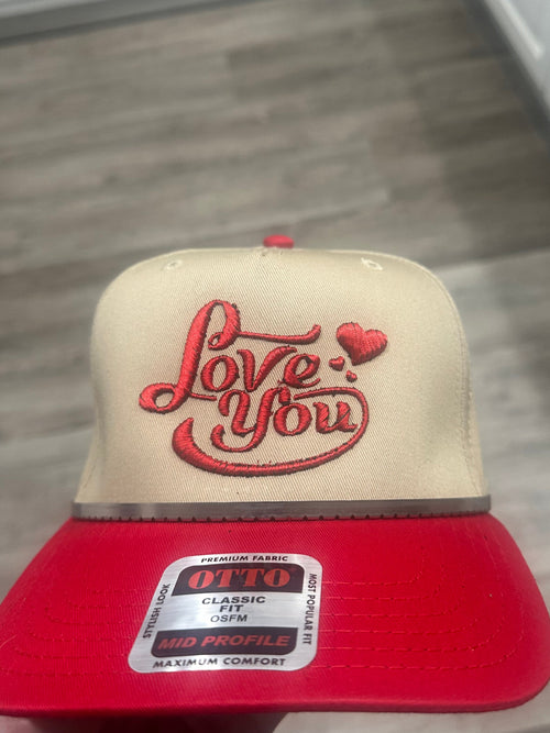 Cream and red embroidered Love You hat